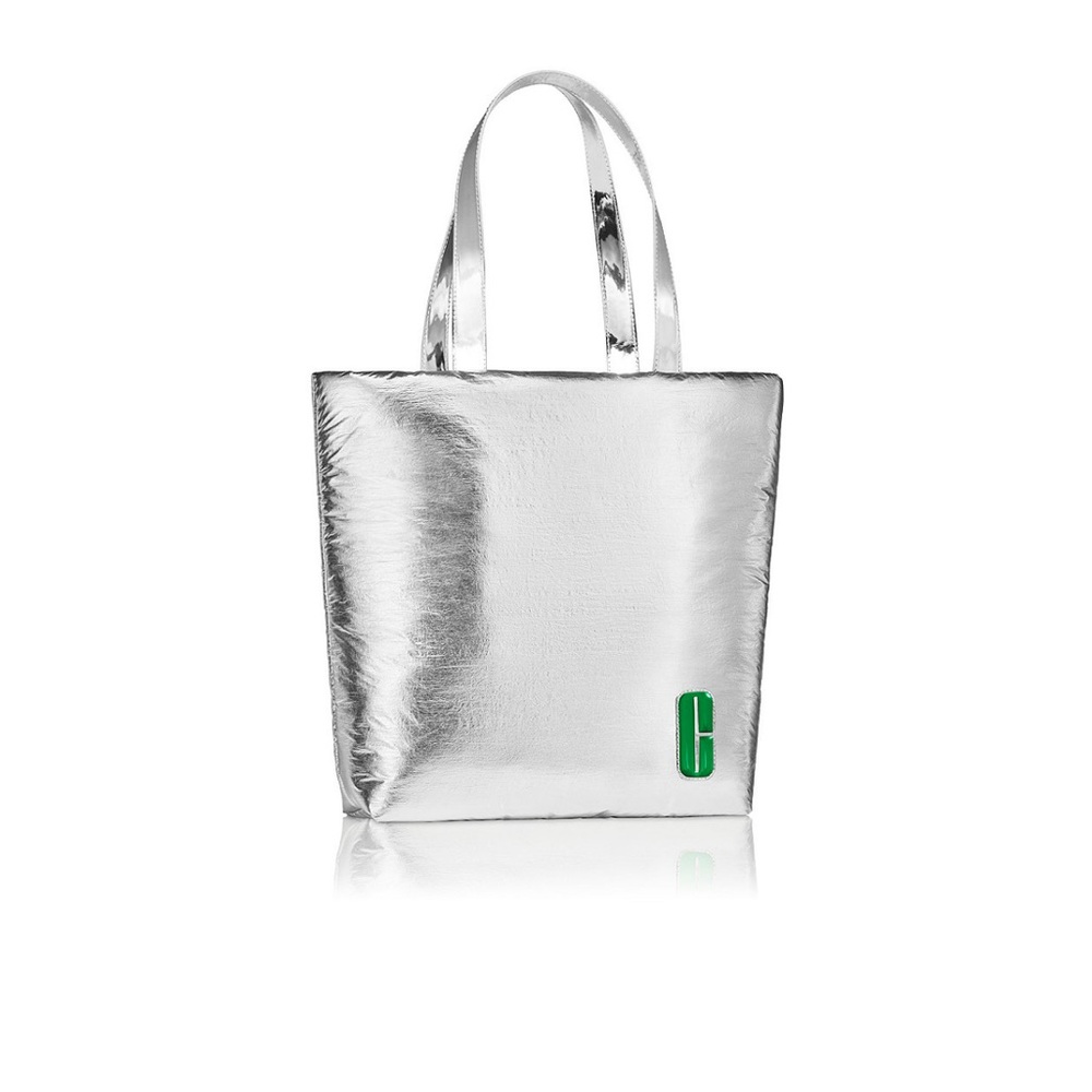 Clinique Puffy Metallic Silver Tote with Green Accent